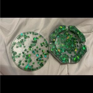 Green Glitter Leaf Ashtray Set